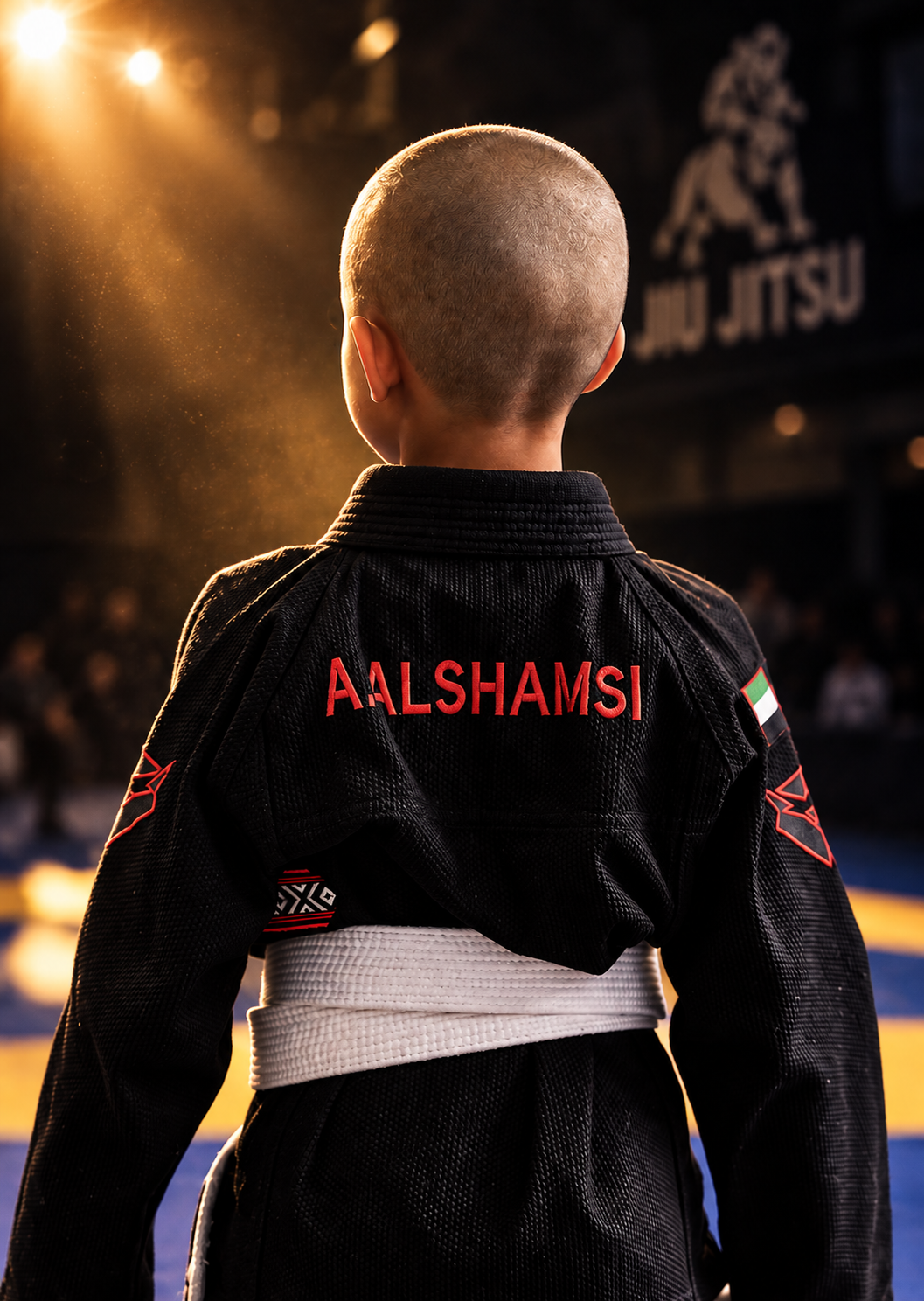 Ahmad Alshamsi from behind, his name and the UAE flag on his gi